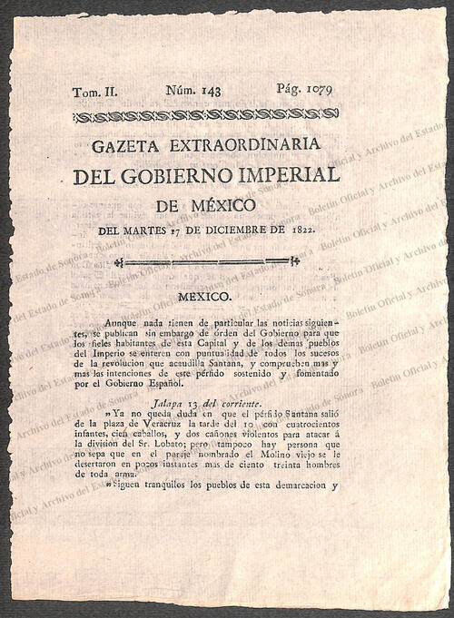 Ejemplar de Gazeta Extraordinaria del Gobierno Imperial de México