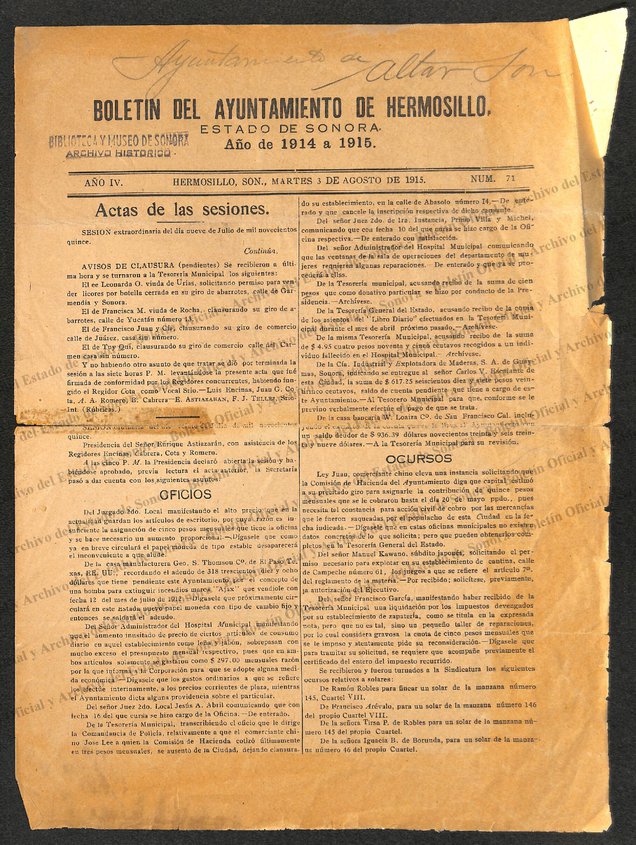 Ejemplar de Boletin del Ayuntamiento de Hermosillo