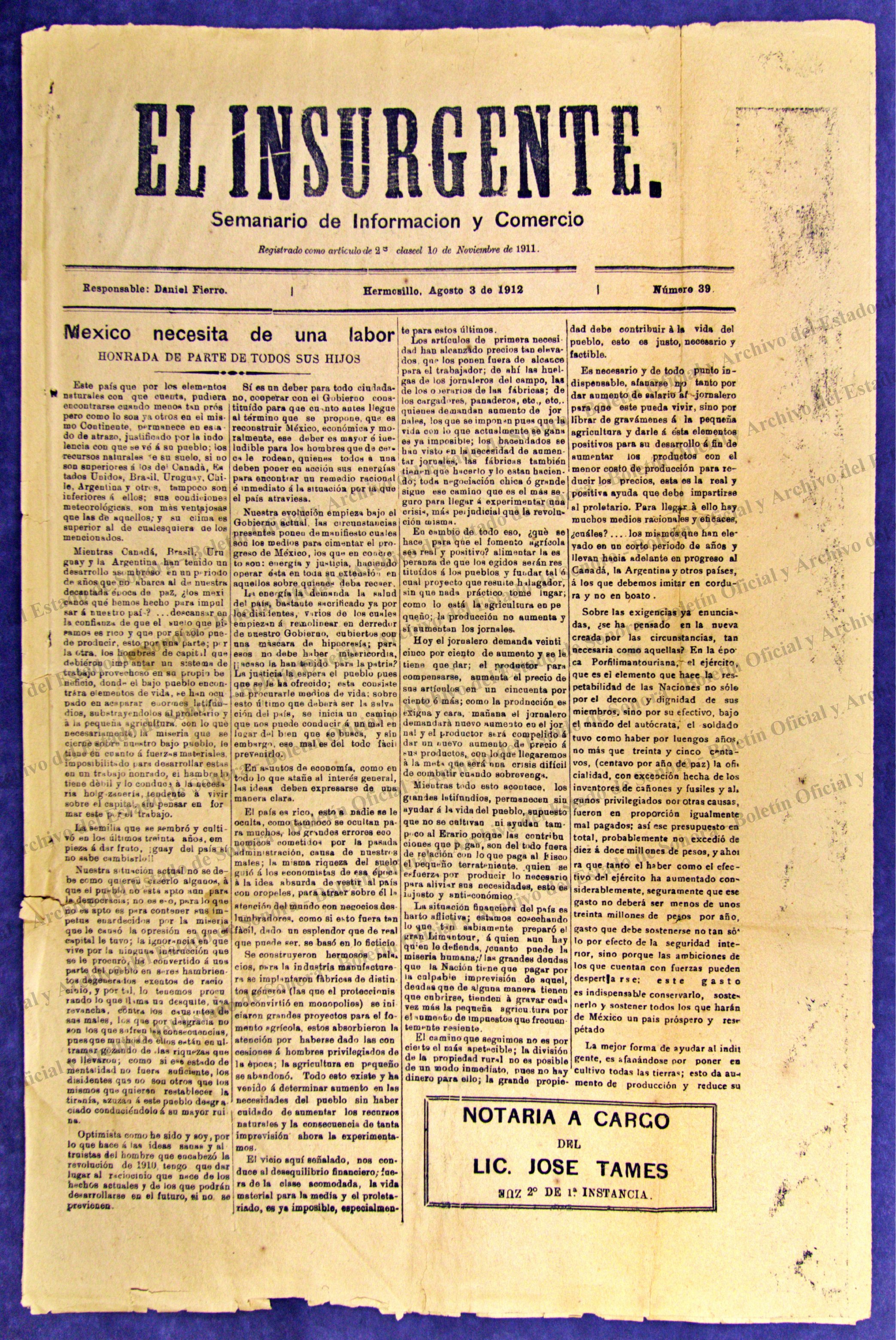 Ejemplar de El Insurgente