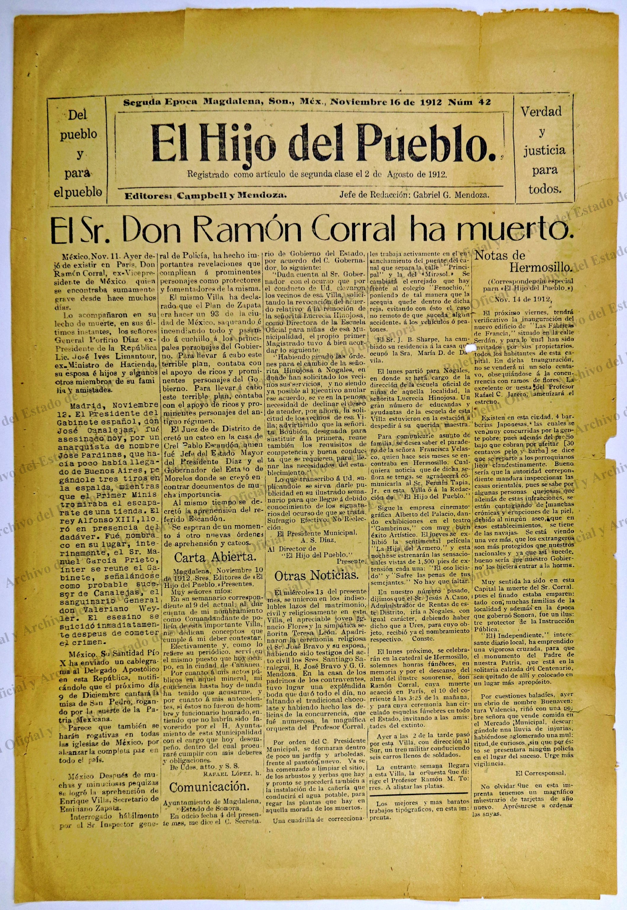 Ejemplar de El Hijo del Pueblo