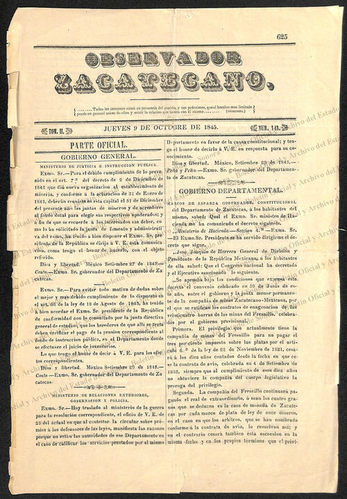 Ejemplar de El Observador Zacatecano